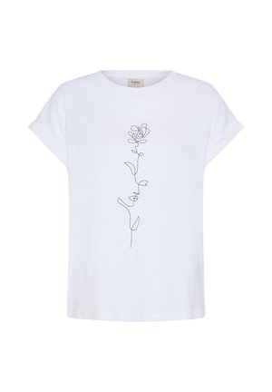 Witte korte mouwen t-shirt met een minimalistische zwart doorlopende lijntekening van een roos met bladeren in het midden aan de voorkant.