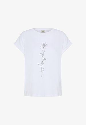 Witte korte mouwen t-shirt met een minimalistische zwart doorlopende lijntekening van een roos met bladeren in het midden aan de voorkant.
