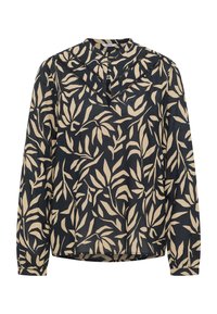 Blouse à manches longues en marine et crème avec un motif de feuilles. Présente un col montant et une patte de boutonnage, fabriquée à partir d'un tissu léger.