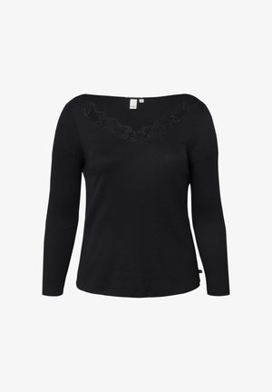 Schwarzes Damenoberteil mit langen Ärmeln und V-Ausschnitt, verziert mit Spitzenbesatz und figurbetonter Silhouette.