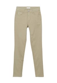Jean slim beige avec une texture lisse, comportant cinq poches, une fermeture à bouton à l'avant et des détails de couture discrets.