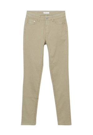 Jeans beige de corte ajustado con una textura suave, que cuentan con cinco bolsillos, un cierre delantero con botón y detalles de costura sutiles.