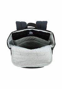 Zaino nero con spallacci imbottiti e regolabili. All'interno presenta un rivestimento grigio chiaro con un sottile motivo topografico e diversi scomparti.