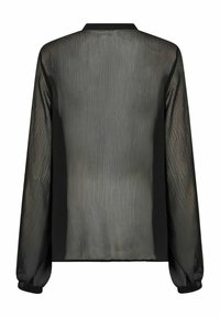 Black sheer blouse with long sleeves, featuring a textured finish and a collar. The back is smooth with subtle light reflection.