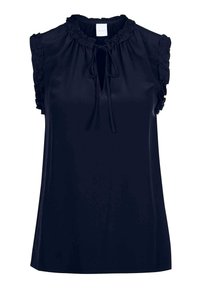Marineblaue ärmellose Bluse mit Rüschendetails an den Schultern, Schlüsselspalt-Ausschnitt und Bindeband; aus glattem, leichtem Stoff gefertigt.