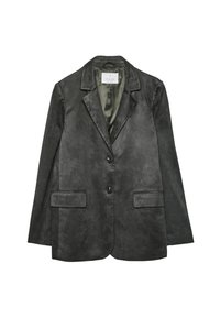 Mørkegrå blazer lavet af blødt, struktureret stof. Har en spidset krave, to forlommer og to knapper til lukning foran.