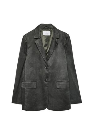 Dunkelgrauer Blazer aus weichem, strukturiertem Stoff. Mit einem Reverskragen, zwei Fronttaschen und zwei Knöpfen an der vorderen Verschlussleiste.