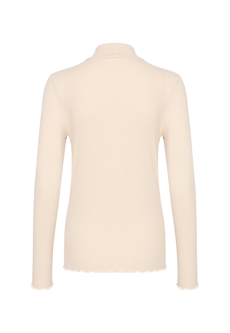 Cremfarbener Langarmoberteil mit geripptem Material und Stehkragen. Verfügt über einen leicht ausgefransten Saum und einfigurbetontes Design für eine enge Silhouette.