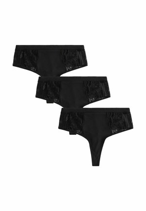 Black women's underwear set featuring three pieces: a thong and two pairs with floral lace accents on the sides, soft fabric, and elastic waistbands.