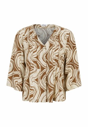 Løs bluse med vide ærmer, V-udskæring og abstrakt beige og brun snurrende mønster.