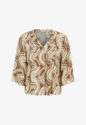 Løs bluse med vide ærmer, V-udskæring og abstrakt beige og brun snurrende mønster.