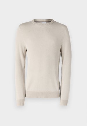 Beige knit sweater featuring a textured pattern, crew neckline, and ribbed cuffs and hem. Made from soft, breathable material.