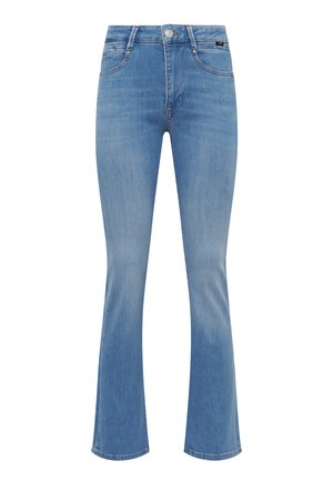 Light blue denim jeans with a slight flare leg, front button and zip closure, and front and back pockets.