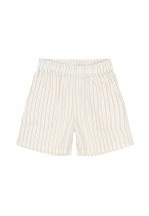 Pantalones cortos ligeros con cinturilla elástica, con rayas verticales amarillas y blancas y dos bolsillos frontales.