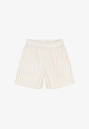 Pantalones cortos ligeros con cinturilla elástica, con rayas verticales amarillas y blancas y dos bolsillos frontales.