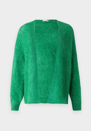 Grüne, offen gestaltete Strickjacke aus strukturiertem Material mit langen Ärmeln und lockerer Passform. Sie besitzt ein schlichtes, unverschnörkeltes Design.