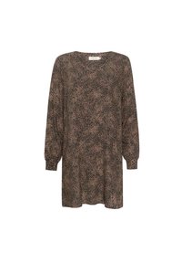 Langarmkleid in einem schwarz-beigen gepunkteten Muster, aus leichtem Stoff, mit lockerem Schnitt und Rundhalsausschnitt.