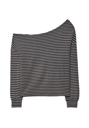 Schwarz-grau gestreiftes, schulterfreies Oberteil mit langen Ärmeln, weichem Stoff, lockerer Passform, gerippten Bündchen und asymmetrischem Ausschnitt.