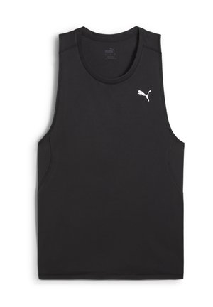 Svart ärmlös sporttopp med rundad halsringning, med en vit Puma-logga på övre vänstra sidan och utan ytterligare utsmyckningar.