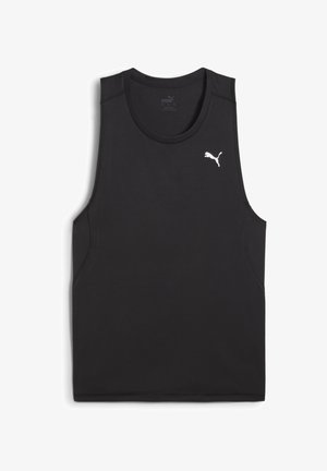 Schwarzes ärmelloses Sport-Top mit rundem Halsausschnitt, das ein weißes Puma-Logo auf der oberen linken Seite zeigt und keine weiteren Verzierungen aufweist.