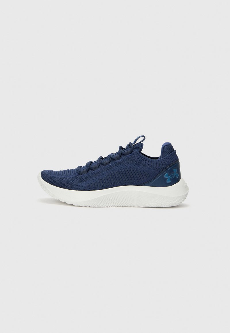 Navy running shoe with a textured knit upper, white midsole, and a logo accent. Features a low profile and lace-up design.