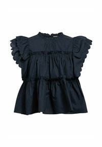 Dunkelbluse in Marineblau mit Rüschendetails an den Ärmeln, hohem Kragen und mehrlagigen Rüschenelementen. Hergestellt aus leichtem Stoff und mit gewellten Akzenten entlang der Kanten.