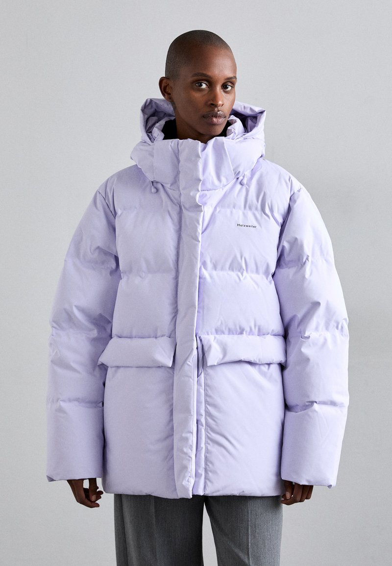 Purple puffer jacket with a high collar and adjustable hood. Soft, glossy fabric with a cinched waist and large front pockets.