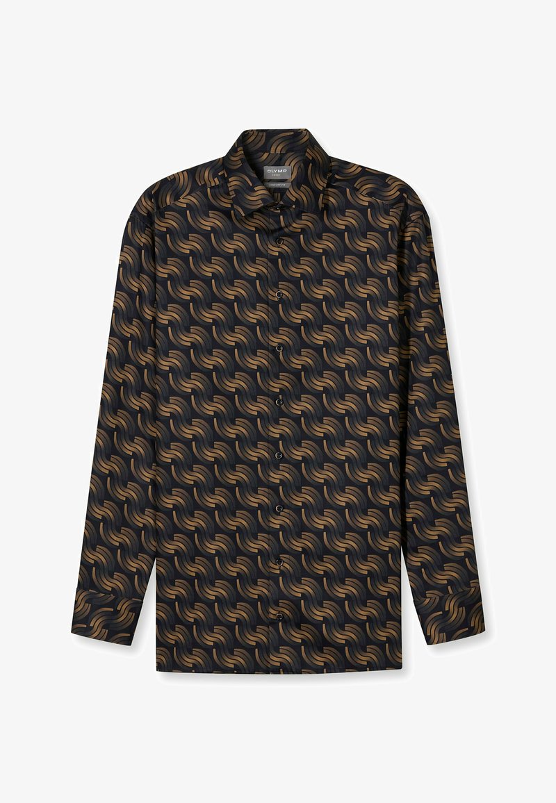 Long-sleeve shirt featuring a black background with a wave-like pattern in brown and beige. Material appears smooth with a button-down collar.
