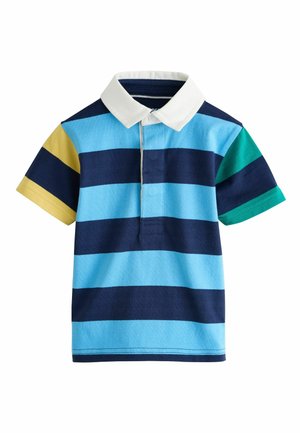 Polokošeľa s krátkymi rukávmi, s horizontálnymi pruhmi v modrej, námorníckej modrej, zelenej a žltej farbe, s bielym golierom a zapínaním na gombíky.