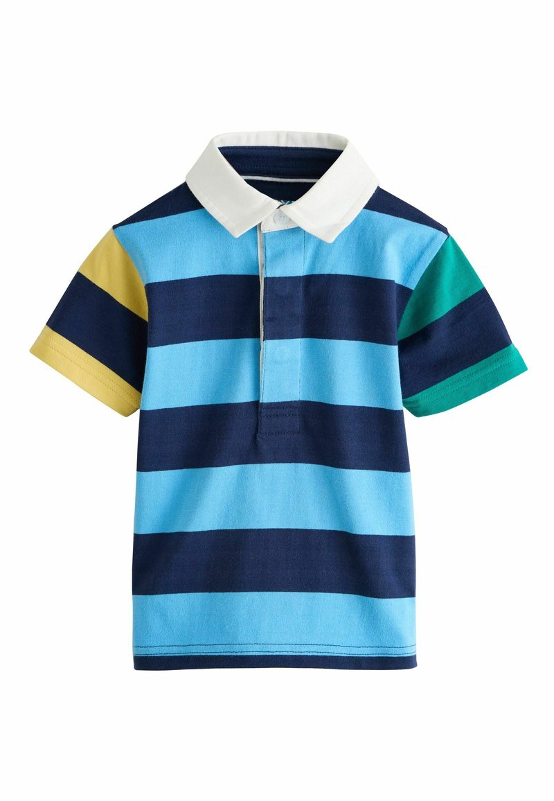 Polokošeľa s krátkymi rukávmi, s horizontálnymi pruhmi v modrej, námorníckej modrej, zelenej a žltej farbe, s bielym golierom a zapínaním na gombíky.