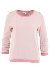 Sudadera de color rosa claro con un patrón texturizado, cuello redondo y mangas largas con acentos fruncidos. Puños y dobladillo de canalé.