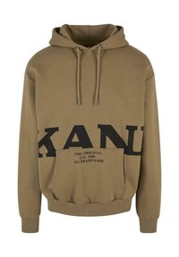 Felpa con cappuccio in khaki dal texture morbido, con grandi lettere nere e una tasca frontale. Lacci con punte in metallo.