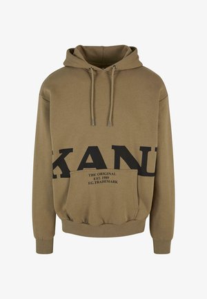 Kapuzensweatshirt in Khaki mit weichem Material, großen schwarzen Buchstaben und einer Fronttasche. Kordelzüge mit Metallenden.