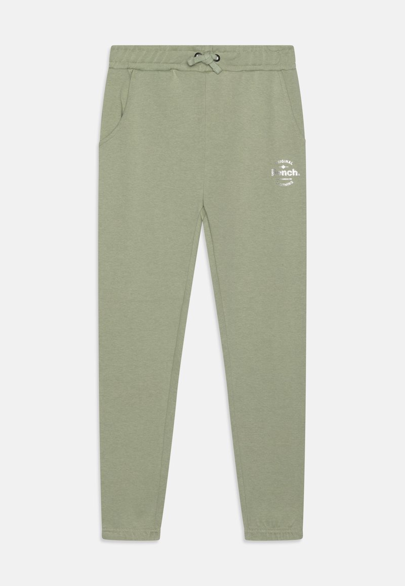 Ανοιχτό πράσινες φόρμες τρεξίματος με ελαστική μέση και κορδόνι, πλαϊνές τσέπες και μικρό λευκό λογότυπο στον επάνω μηρό.