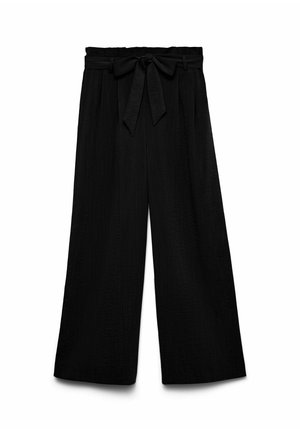 Pantaloni neri a gamba larga realizzati in tessuto testurizzato, con un alto punto vita decorato da un fiocco. Senza tasche visibili.
