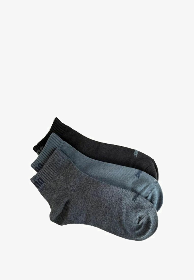Three pairs of socks in varying shades: black, dark gray, and light teal. Made from soft fabric, featuring ribbed cuffs and seamless toes.