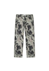 Trousers featuring a brushstroke pattern in black and soft pink on a light green background. Made of a smooth, lightweight fabric.