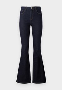 Mörkblå utsvängda jeans gjorda av denim. Hög midja med knapp och dragkedjestängning, med kontrastsydd och en mjuk textur.