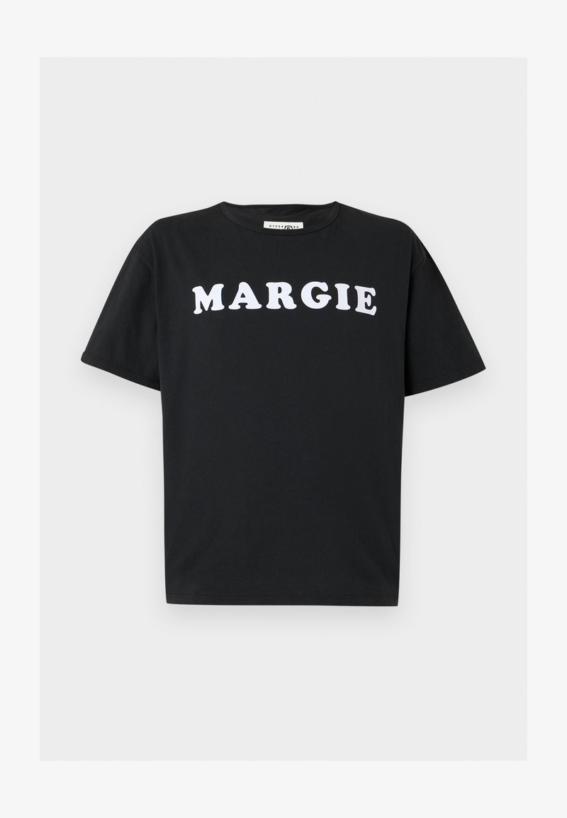 Black short-sleeve crew neck t-shirt with white bold text "MARGIE" across the chest on a plain background.