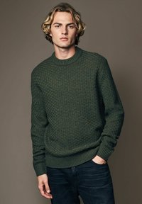 Green knitted sweater with a textured pattern, crew neckline, and ribbed cuffs and hem. Worn with dark jeans, features a relaxed fit.