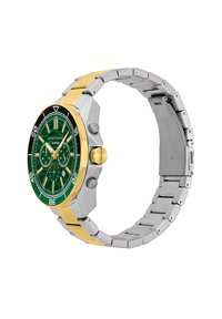 Hõbedane ja kuldne roostevabast terasest kell, millel on roheline mustriga dial, kroonograafi detailid, must äär ning link-käevõru disain. Veekindel 100 meetrini.