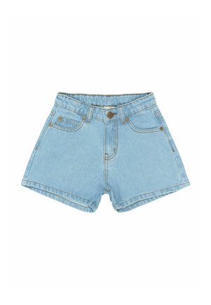 Lysblå denimshorts med høj talje, fem lommer og syet detaljering. Stoffet har en blød, struktureret overflade.
