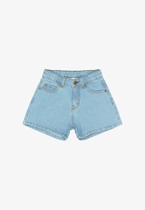 Lysblå denimshorts med høj talje, fem lommer og syet detaljering. Stoffet har en blød, struktureret overflade.