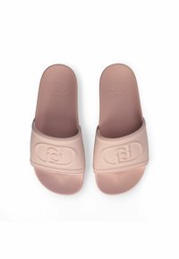 Infradito rosa chiaro con superficie texturizzata, dotate di un logo in rilievo sulla fascia. Design con suola piatta per comfort e facilità d'uso.