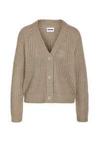 Beige stickad cardigan med V-ringning, med ett strukturerat mönster, fem stora knappar och ribbade ärmslut och fåll. Mysig och avslappnad passform.