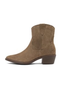 Brown suede ankle boots with a pointed toe, curved stitching accents, and a stacked heel. Design includes a mid-height shaft with side cutouts.