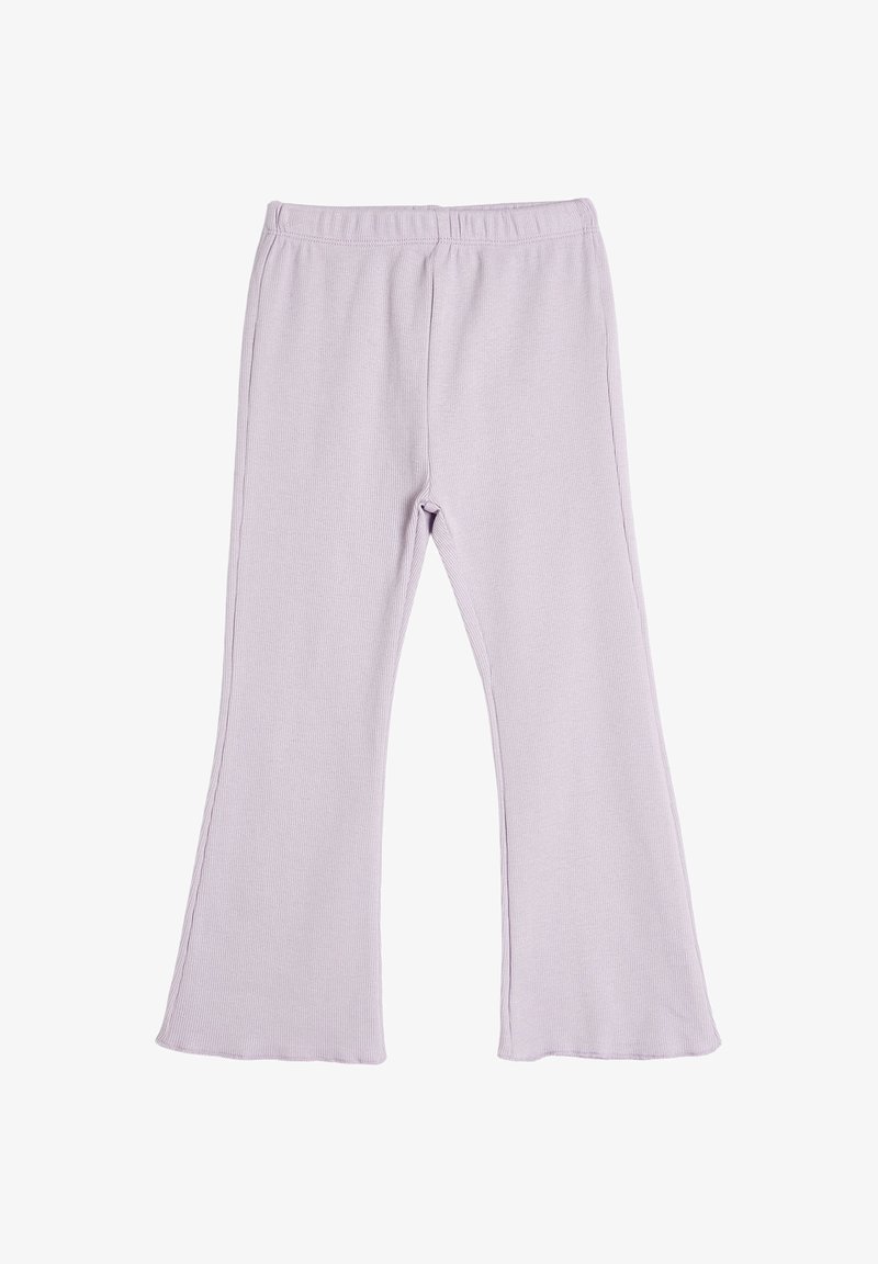 Light lavender flared pants made of ribbed fabric. Features an elastic waistband and a smooth texture, with side slits near the hem.