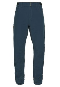 Navy blue, lightweight fabric pants with a straight fit, two front pockets, and a side cargo pocket. Features contrasting stitching and two buttons.