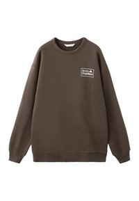 Bruine sweatshirt van katoen met lange mouwen, ronde hals en een patch op de linkerborst met de tekst "Routes Outdoor" in witte letters.