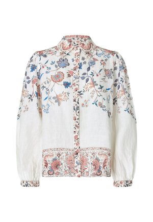 Hvid langærmet bluse med flerfarvet blomsterbroderi på krave, skuldre, manchetter, foran og nederst.